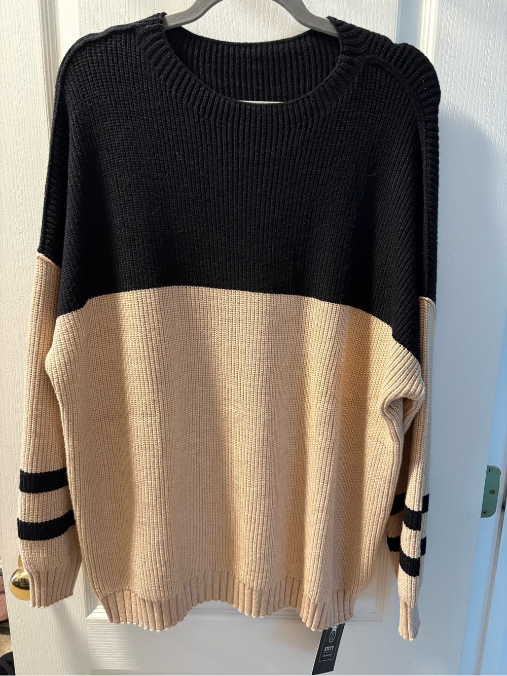 Women’s Black and Beige Colorblock Crewneck Sweater